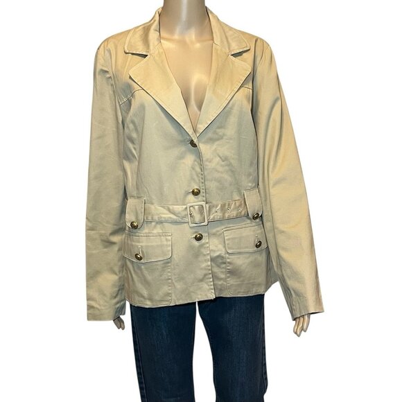 Sandro Sportswear Women Jacket Blazer Large Beige Cotton Stretch Belt  Preppy - Picture 1 of 9